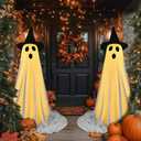 Halloween Decorations Outdoor Indoor, 2 Pack Spooky Ghost with Witch Hat, Scary Ghost Decorations with LED String Lights, Terrifying Halloween Decor for Home Outside Porch Garden Yard Lawn Party