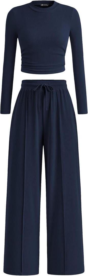PRETTYGARDEN Women's 2 Piece Sets 2025 Fall Long Sleeve Crop Tops Wide Leg Pants Matching Outfit Tracksuits Fashion Clothing (X-Large, Navy)