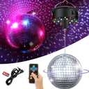 Disco Ball with Motor and Light, 5/8/10/15 RPM Adjustable Speed Rotating Motor with 6 Inch Hanging Mirror Ball, 4 Light Colors and 18 LEDs for DJ Club, Theme Party