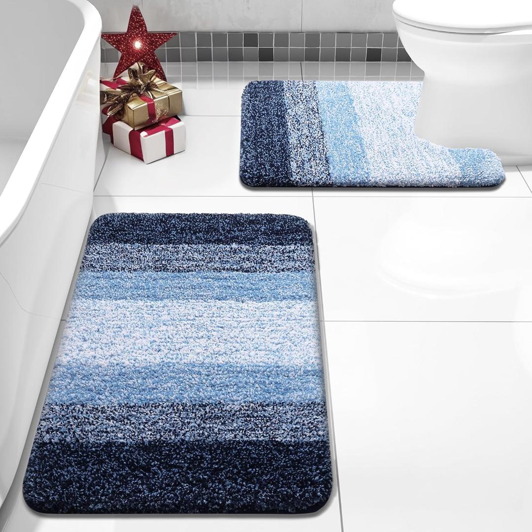 Arotive Bathroom Rugs Sets 2 Piece, Soft Absorbent Microfiber Bath Mats and U-Shaped Contour Toilet Rug, Non-Slip Machine Washable Dry Bath Mats for Bathroom, 24x16 and 24x20, Blue