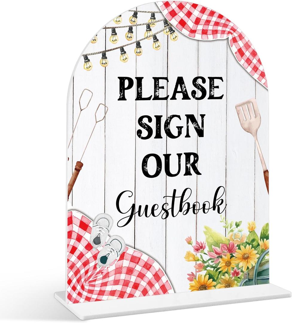 Please Sign Our Guestbook Sign - BBQ Baby Shower Sign, 1 Pack Arch Acrylic Sign with Stand, Gender Reveal Party Table Decor, Backyard Baby Shower Supplies (SE40)