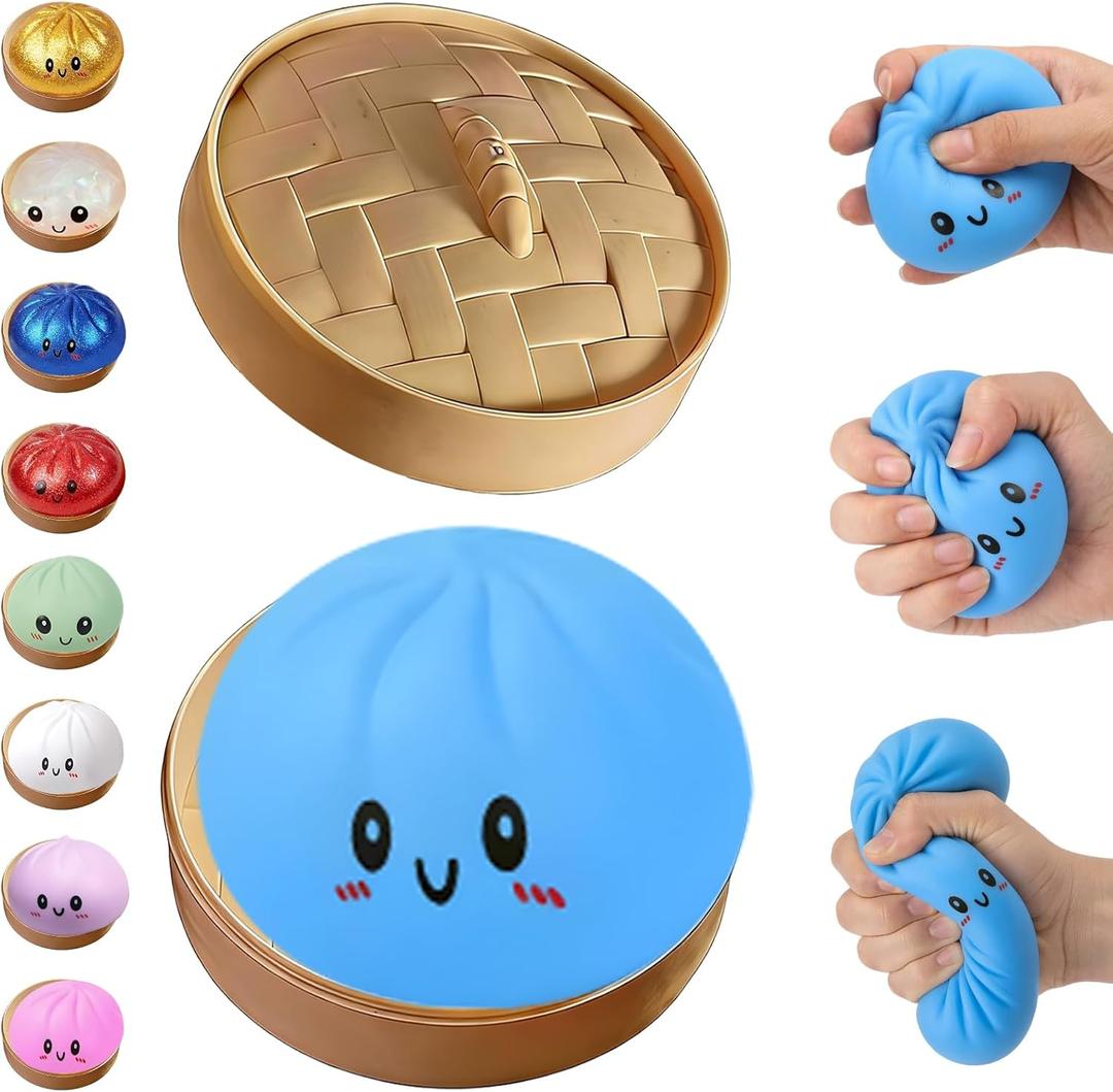 Glitter Dumpling Squishy,Dumpling Squishies,Glitter Dumpling Mystery Box,Colorful Dumpling Stress Balls Fidget,Jumbo Squishy Toy with Steamer Box,Soft Squeeze Decompression Dough (Blue)
