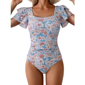 Eomenie Women's Tummy Control One Piece Swimsuit Ruffle Square Neck Bathing Suit Ruched Cutout Back Slimming Swimwear, S