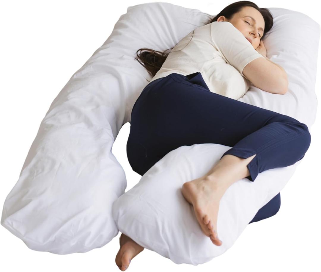 Organic Cotton U-Shaped Pregnancy Pillow – Full Body Support with Kapok & Natural Latex Filling – Adjustable, Ergonomic Back, Belly & Leg Support for Sleeping, Reading - Made in EU (Plain White)