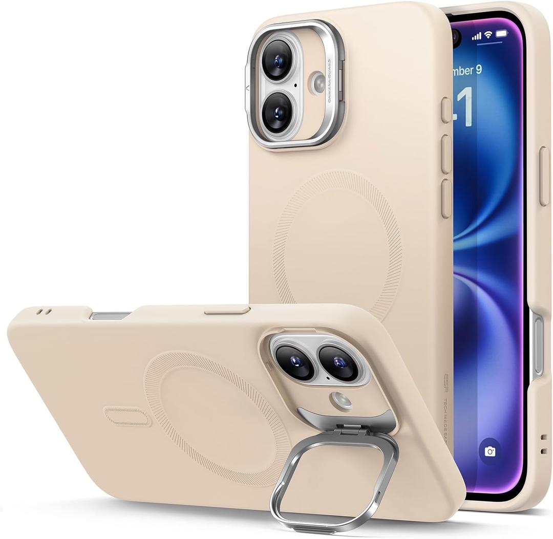 ESR for iPhone 16 Case, Silicone Case with Stand, Compatible with, Military-Grade Protection, Built-in Camera Stash Stand, Magnetic Phone Case for iPhone 16, Cloud Series, Light Tan