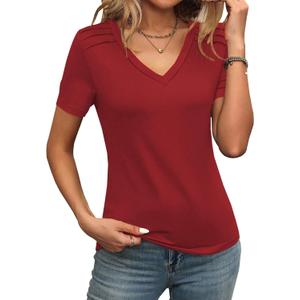 LOLONG Womens Tops Summer Short Sleeve V Neck T Shirts Casual Basic Tees Trendy (X-Large, Red)