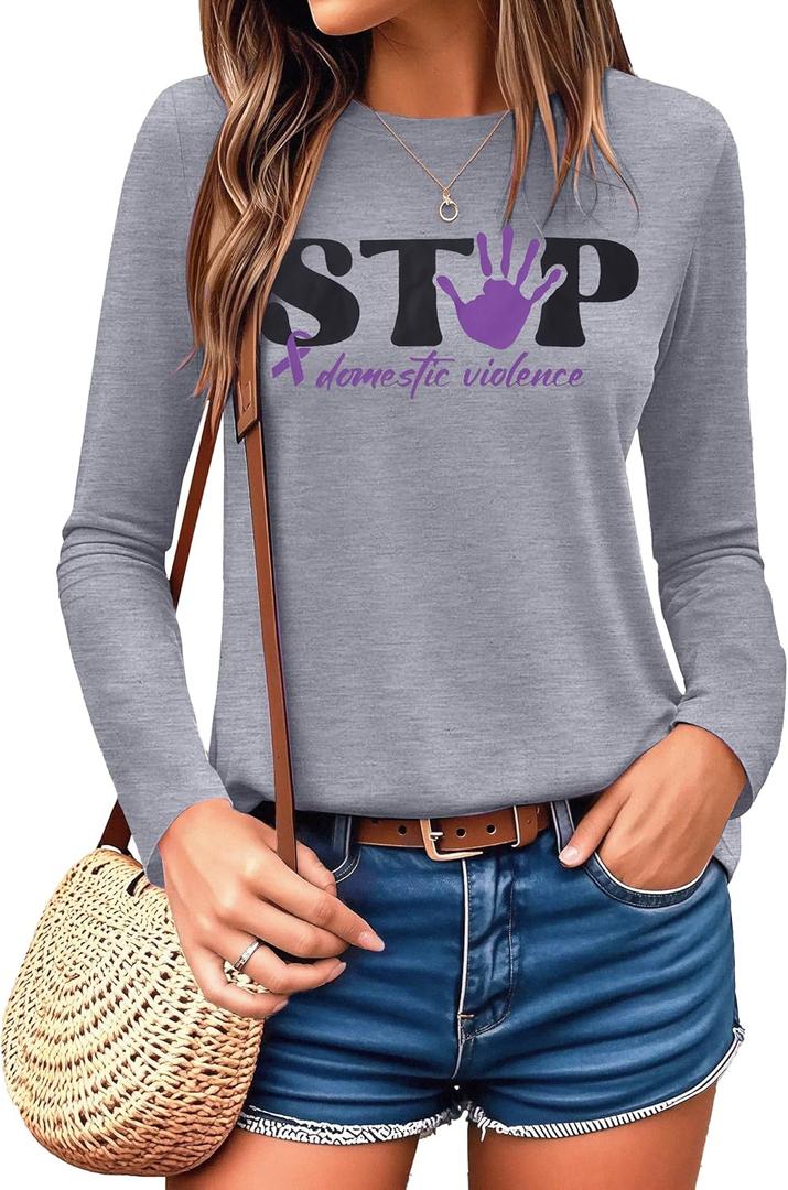 MNLYBABY Stop Domestic Violence Shirt Women: Domestic Violence Awareness Sweatshirt Purple Ribbon Lightweight Long Sleeve Top (Large, Grey)