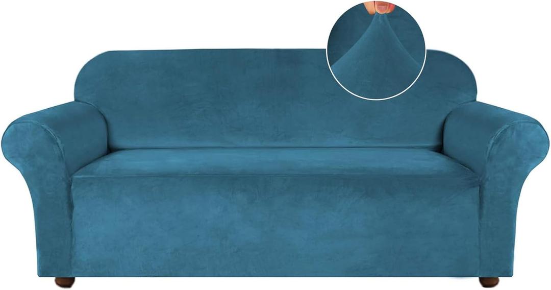 Turquoize Velvet Couch Covers Sofa Covers for 3 Cushion Couch Stretch Sofa Slipcovers with Non Slip Elastic Bottom Furniture Protector for Pets Crafted from Thick Velvet Fabric (Sofa, Peacock Blue)