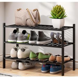 3-Tier Black Bamboo Shoe Rack for Entryway, Stackable | Foldable | Natural, Shoe Shelf Storage Organizer for Hallway Closet, Free Standing Shoe Racks for Indoor Outdoor