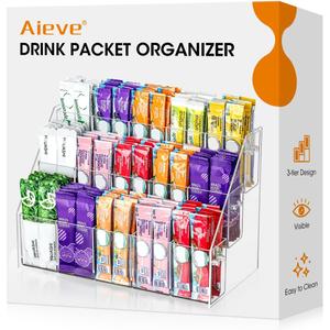 AIEVE Drink Packet Organizer with 15 Compartments, Water Packet Organizer for Water Flavor Drink Mix, Easy Assembly Acrylic Sugar Packets Holder for Cabinet Kitchen Storage Organization
