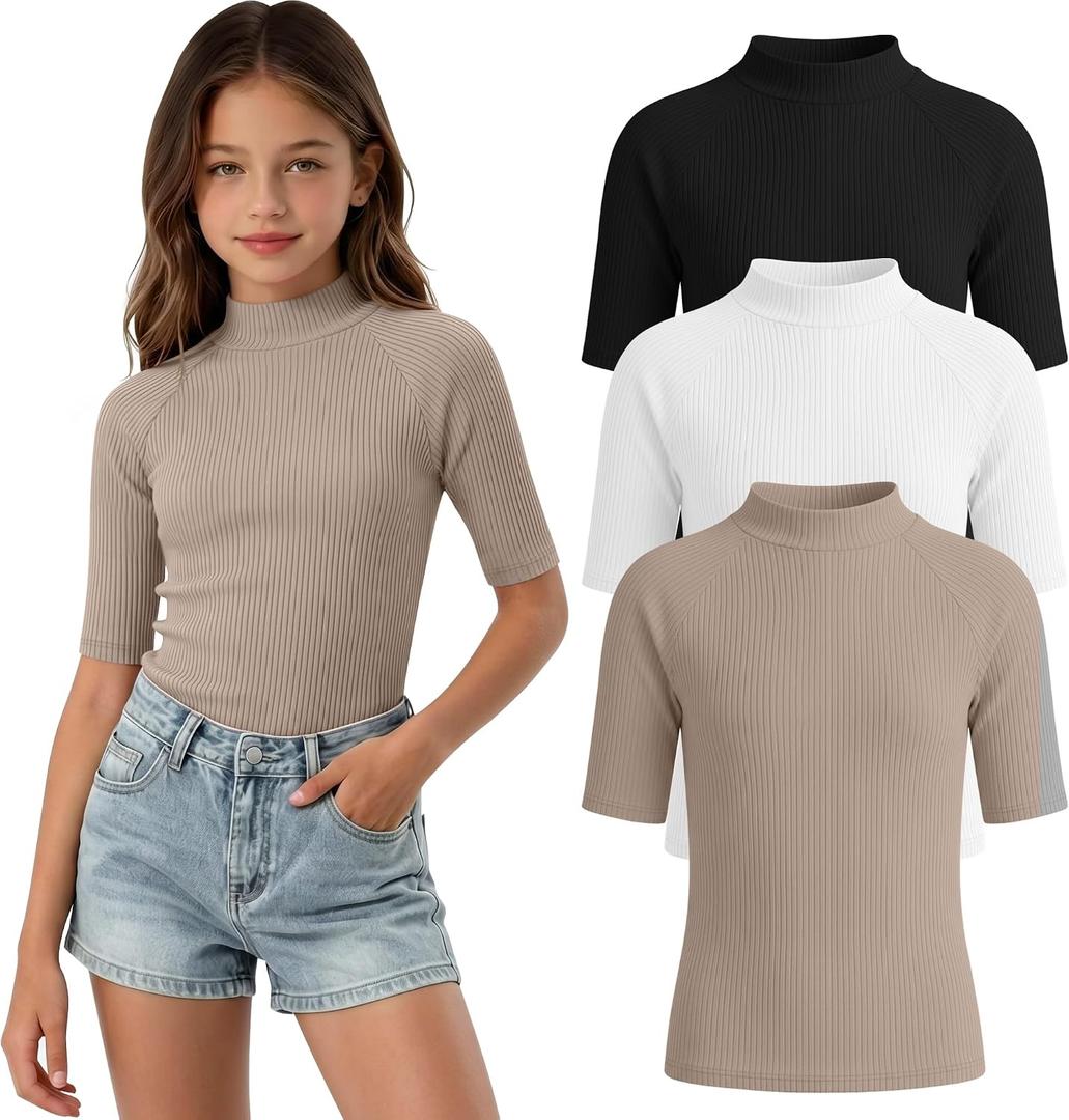 LessonZoo 3 Pack Girls' Shirts Teen Summer Tops Mock Turtleneck Slim Fit Ribbed Half Sleeve Fashion Tees Kids Clothes Trendy(Khaki, White, Black, 11-12 Years)