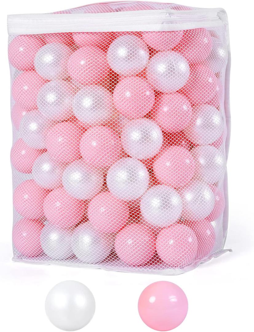 Ball Pit Balls Pack of 100 200 500 - Star and Round Set BPA Free Phthalate Free Non-Toxic Crush Proof Play Balls Soft Plastic Balls for Toddlers Baby Kids Birthday Pool Tent Party (Pearl White+Pink)