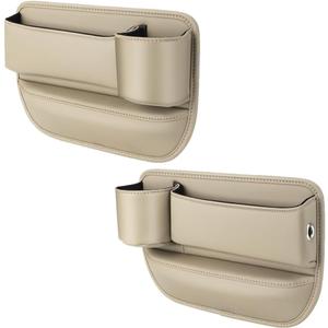 2-Pack Car Leather Cup Holder Gap Bag, Adjustable Car Seat Gap Storage Box Leather with Cup Holder for Phones Glasses Keys Cards (Beige. Driver- Passenger)