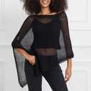 Women Sheer Poncho Top Knit Crochet Lightweight See Through Shawl Summer Shrug Beach Cover Up (Black, M)