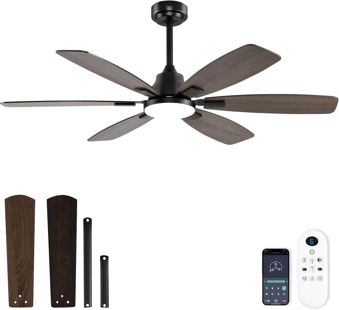 Ceiling Fans with Lights, 52 Inch Ceiling Fan with Light and Remote, 3CCT Dimmable, 6 Speed Reversible DC Motor,6 Blades Modern Brown Ceiling Fan for Bedroom, Indoor/Outdoor Use