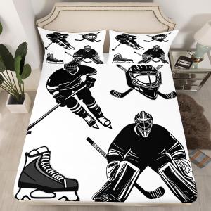 Feelyou Boys Ice Hockey Bedding Set for Kids Children Hockey Player Printed Bed Sheet Set Decorative Sports Event Fitted Sheet Black White Winter Sports Bed Cover Twin Size 2Pcs (Twin(39"x75"), Multi 111)