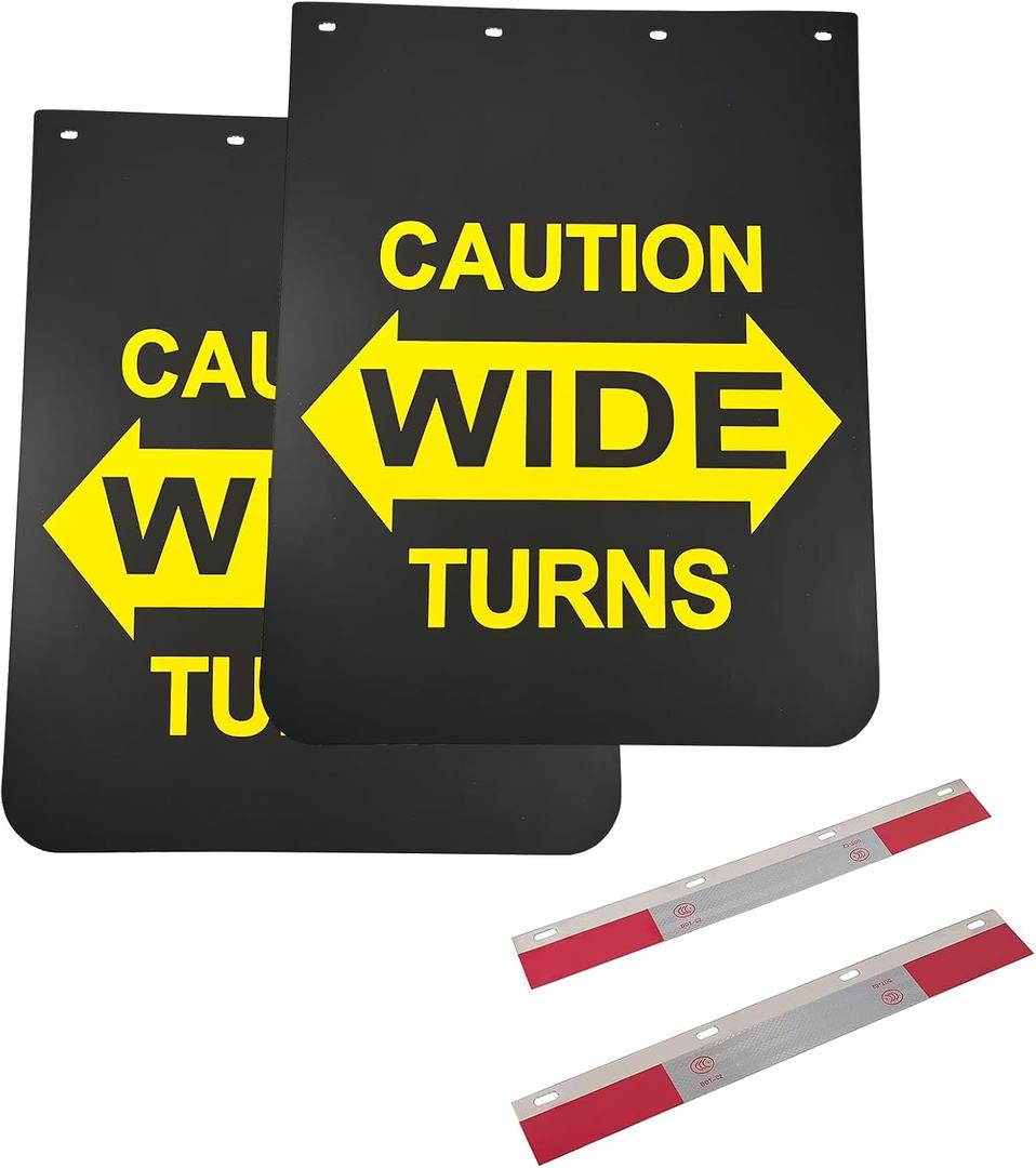 24"x30" Black Polymer Mud Flaps with Warning Sign and 24"x3" Mud Flap Reflector Reflective Tape Fit for Semi Trucks Trailers, 2 Pack