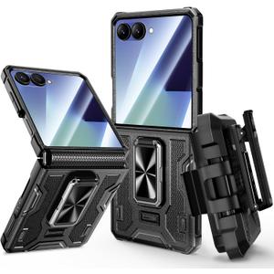 VEGO for Galaxy Z Flip 7 Case, 360 Rotatable Ring Kickstand & Belt Clip Holster & Tempered Glass Camera Screen Protector & Hinge Protection, Shockproof Case for Samsung Flip 7 5G - Black