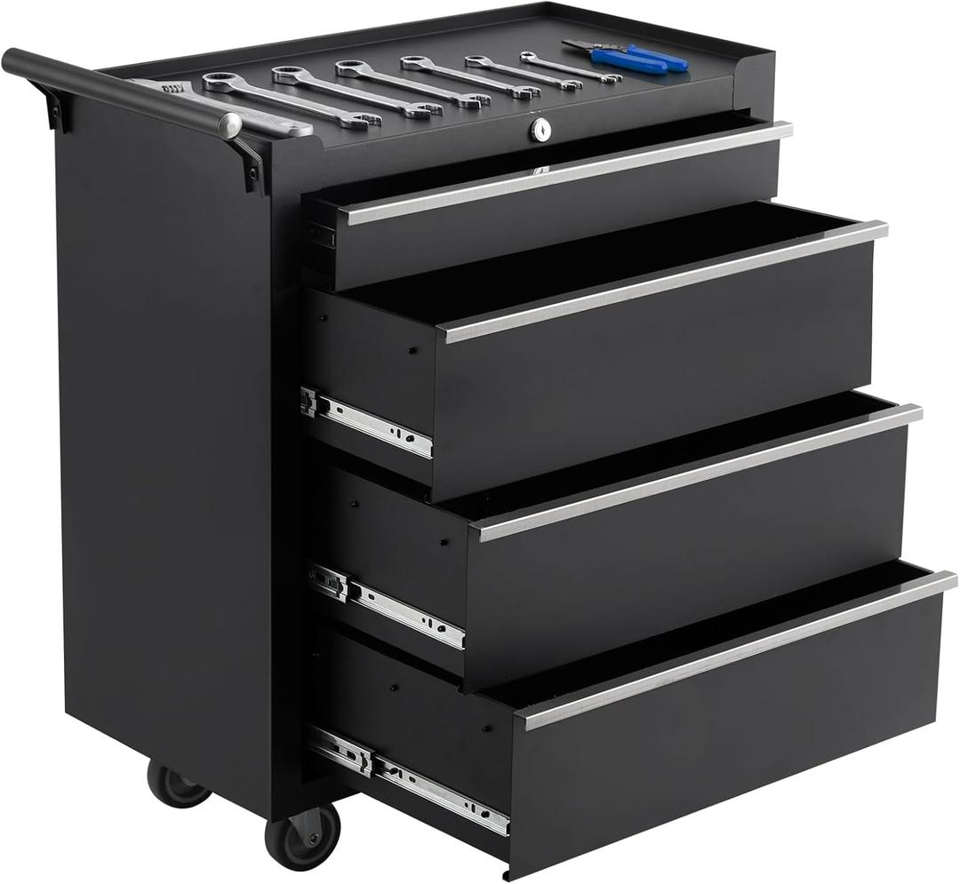 IDEALHOUSE Rolling Tool Chest, 4 Drawers Tool Storage Cabinet, Toolbox with Wheels, Portable Tool Cabinet Organizer with Locking System & Drawer Liners, Tool Storage Cart for Garage, Workshop, Black