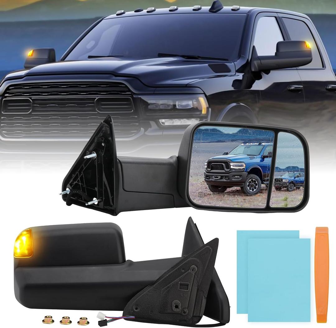 Driver Side Mirror Compatible with 2009-2018 Dodge Ram 1500,2010-2018 Dodge Ram 2500 3500,Tow Mirrors with Power Glass Heated Turn Signal Light Puddle Lamp(Black) (Left)
