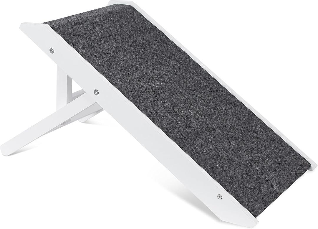 Internet's Best Adjustable Pet Ramp | Decorative Wooden Folding Dog Ramp for Couch Bed Car | 26 Long | Soft Paw Friendly Grip Carpet | Height 10-16 Inch | White