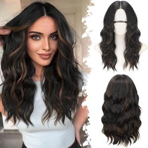 Eawwii Black Mix Brown Long Wavy Wig for Women, Pre-Cut HD Lace Natural Hairline, Glueless Middle Part, Synthetic Fiber for Daily and Party Use 20Inch