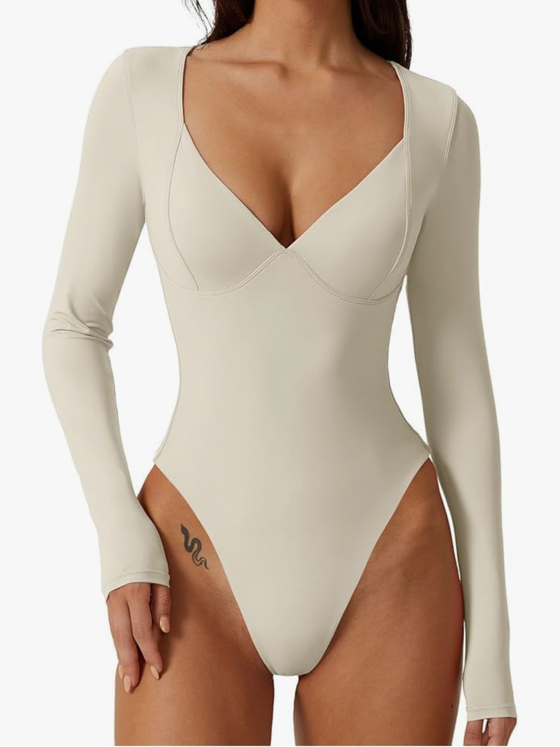 QINSEN Women's Long Sleeve Bodysuit V Neck Body Suits Seamed Cup Going Out Tops Shirt XS