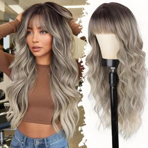 Lativ Ombre Dirty Blonde Wig for Women Wig with Bangs Long Wavy Culry Synthetic Wig for Daily Party Use 26 Inch