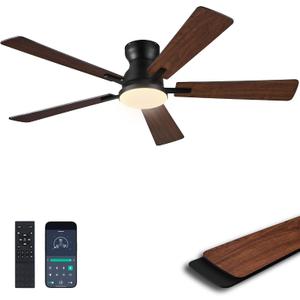 Ayaoty Ceiling Fans with Lights,52 Inch Low Profile Ceiling Fan with Light-Flush Mount Dimmable, Quiet DC Motor for Outdoor Patio,Garage,Bedroom Brown