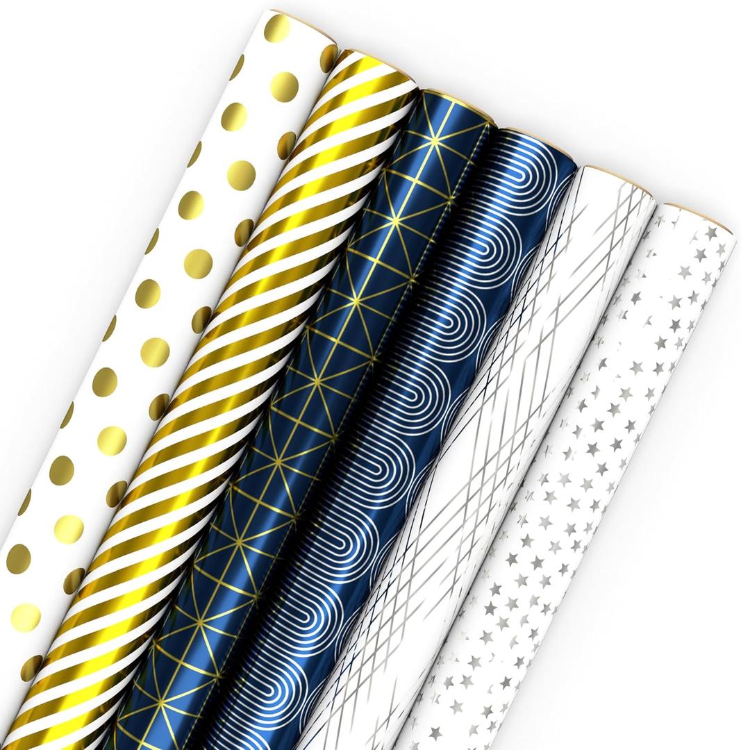 Hallmark Bulk Wrapping Paper Rolls for Birthday, Wedding, Graduation  Blue Metallic Gift Wrap Paper (Set of 6 Rolls: 180 Square Feet Total) Silver Stars, Gold Dots, Stripes, Navy