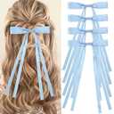 Vodolo Blue Hair Bows for Women,4 PCS Large Bow Hair Clips Tassel Ribbon Bowknot With Long Tail,Ribbon Hair Bows Barrettes for Thick Thin Hair,Nonslip Hair Accessories Christmas Birthday Gifts, Set of 4