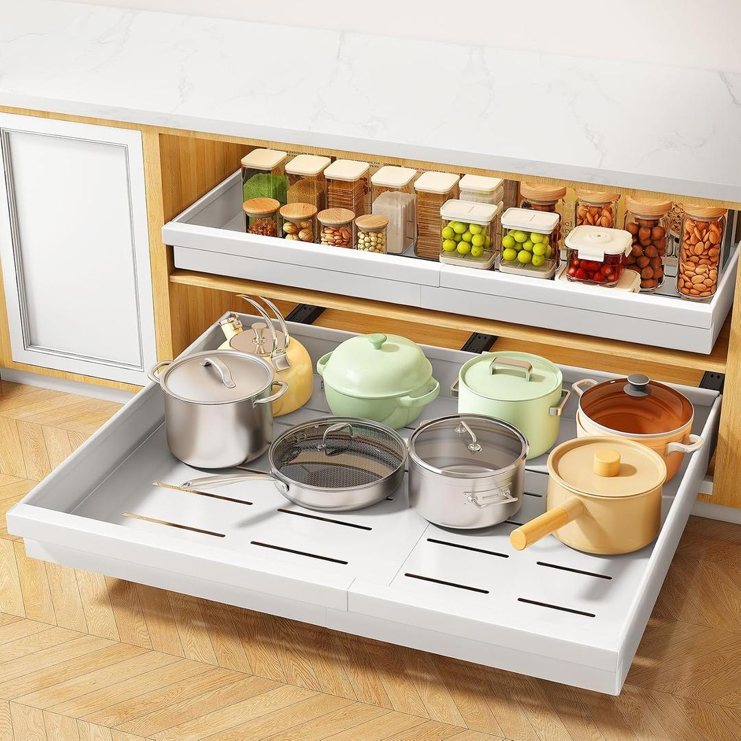Pull out Cabinet Organizer, 1-Pack Expandable(13.6"-24") Silde out Drawers with Raising Pad for Framed Cabinets, Adjustable Full-Extension Adhesive Roll out Shelves for Kitchen Pantry Home Pot and Pan, White 