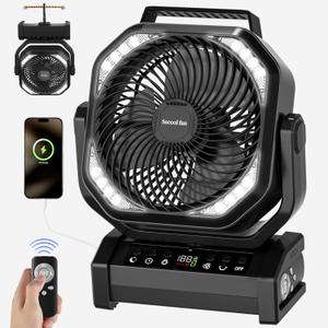 Socool Camping Fan with Light, 20000mAh Rechargeable Battery Fan with Remote, 112Hrs & 8 Speeds, Digital Display, Timer, Auto Oscillation, 270 Pivot & Hook for Outdoor Tent, Hurricane, Power Outage
