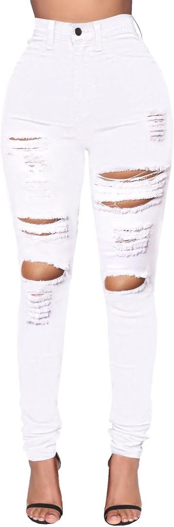 LONGBIDA Skinny Ripped Jeans for Women High Waisted Stretch Butt Lifting Jeans Slim Fit Distressed Denim Pants Jeggings Jeans (X-Large, White)