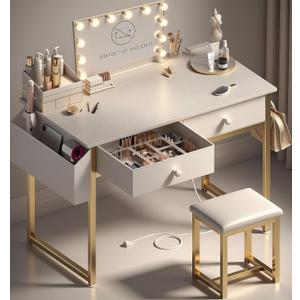Makeup Vanity Desk No Mirror with Chair for Girls, White Small Vanity Table Set with Fabric Drawers, Power Outlet Without Mirror, Modern Make Up Desk for Bedroom (2.gold)
