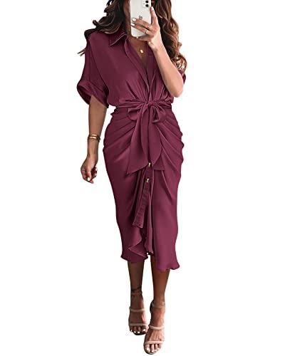 BTFBM Women Button Down Ruched Shirt Dresses Satin Short Sleeve Lapel V Neck Summer Maxi Dress 2025 Party Wedding Guest(orange, Size 3XL)