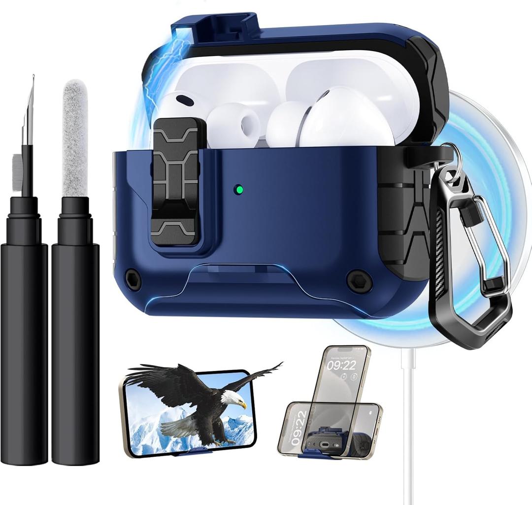 Lerobo for AirPods Pro 3 Case,(Compatible with MagSafe) with Phone Stand & Cleaning Kit,Full Drop Protection Magnetic Lock Cover Case Compatible for Apple AirPods Pro 3rd Generation,Black Blue