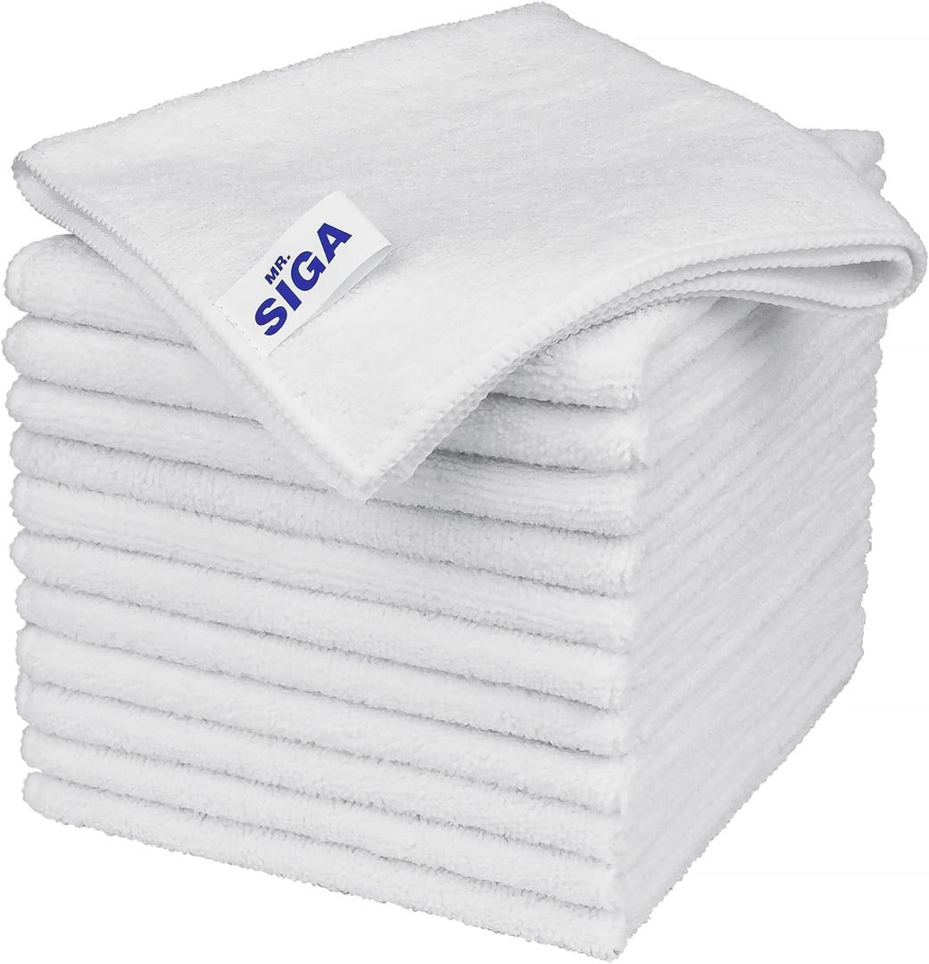 MR.SIGA Microfiber Cleaning Cloth, All-Purpose Microfiber Towels, Streak Free Cleaning Rags, Pack of 12, White, Size 32 x 32 cm (12.6 x 12.6 inch)