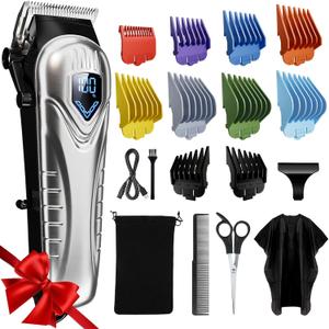 Chicclly Professional Hair Clippers for Men&Women, Low Noise Hair Cutting Kit with 10 Color Combs, LED Display, Gifts for Men, 5H Cordless Clippers and Trimmers Set with Scissors,Cape