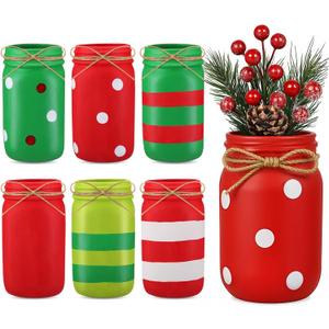 Zhehao 6 Pack Christmas Centerpieces for Tables, Red and Green Ceramic Mason Jars Table Decor with Bow Twine Christmas Winter Tiered Tray Decoration Kitchen Utensils Holder for Xmas Holiday DIY Home