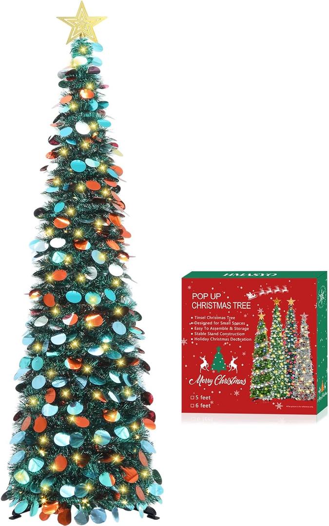 HMASYO 5 FT Pop Up Christmas Tree with Timer Lights, Blue Christmas Tinsel Tree, Collapsible Artificial Pencil Christmas Tree for Indoor Home Apartment Porch Holiday Party Decorations (Peacock Green)