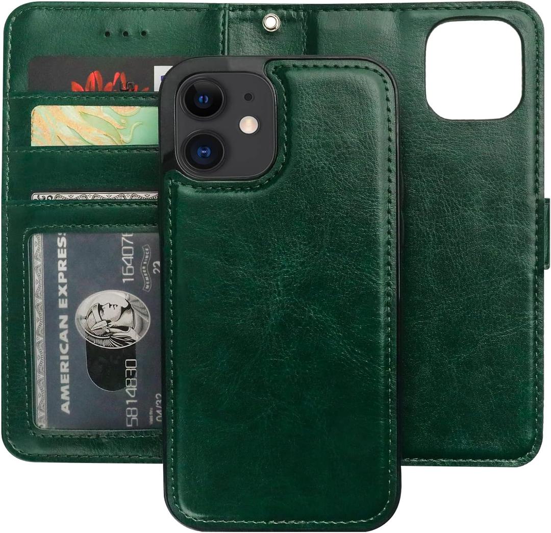 Bocasal Compatible with iPhone 12 & iPhone 12 Pro Wallet Case with Card Holder PU Leather Magnetic Detachable Kickstand Shockproof Wrist Strap Removable Flip Cover 6.1 inch (Green)