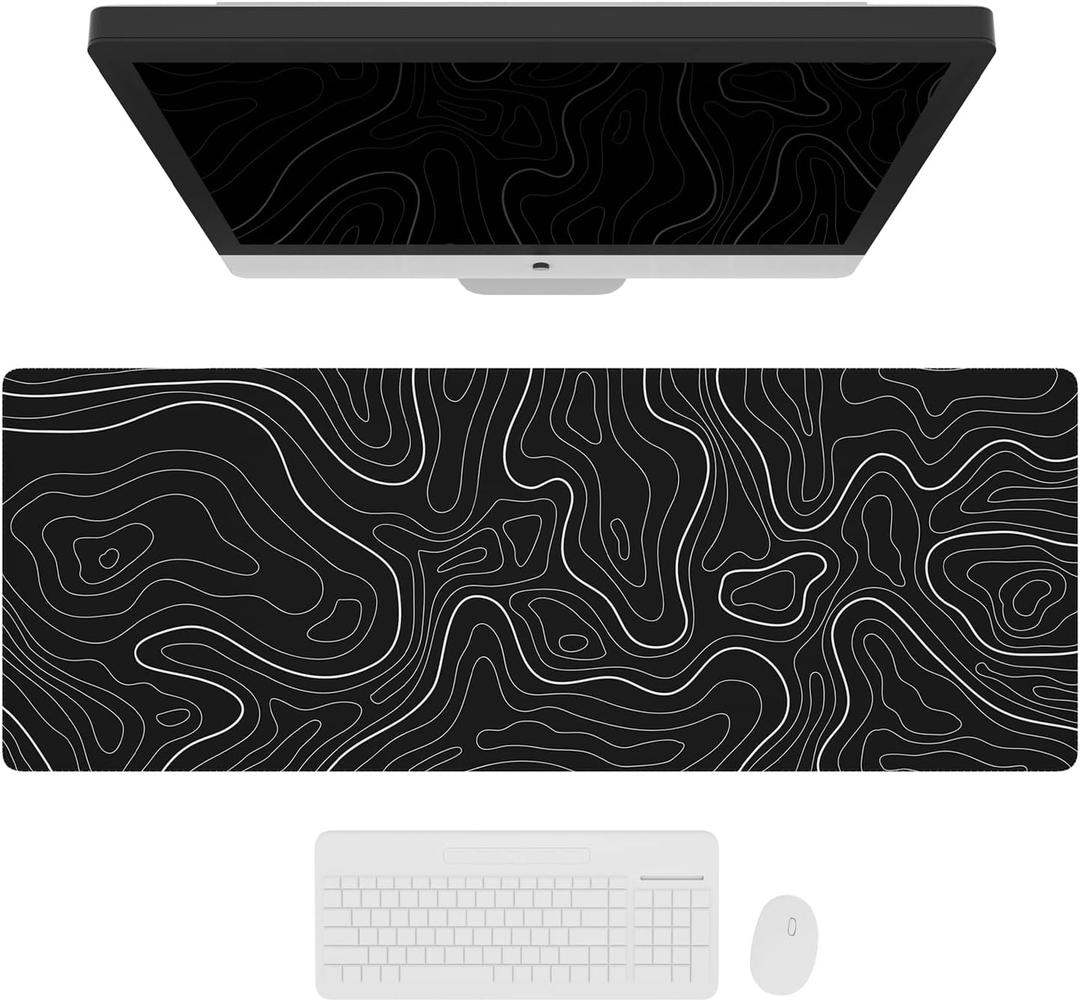 Ovenbird Large Gaming Mouse Pad with Stitched Edges, Minimalist Topographic Map Mouse Pad, Extended XL Mousepad with Anti-Slip Base, Cool Mouse Pad for Keyboard and Mouse, 35.4 x 15.7 in, Black