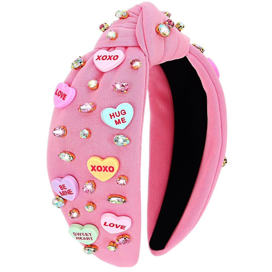 Valentines Day Headband, Love Heart XOXO Headband for Women, Valentine Rhinestone Crystal Knotted Wide Hairband for Birthday, Engagement, Anniversary Hair Accessories (Pink) (1 Count (Pack of 1))