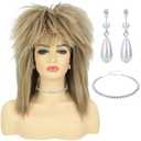 80s Womens Rock Diva Costume Wig with Necklace and Earring for Women Big Hair Blonde 70s 80s Rocker Mullet Wigs Glam Punk Rock Rockstar Cosplay Wig for Halloween Party (Light Blonde)