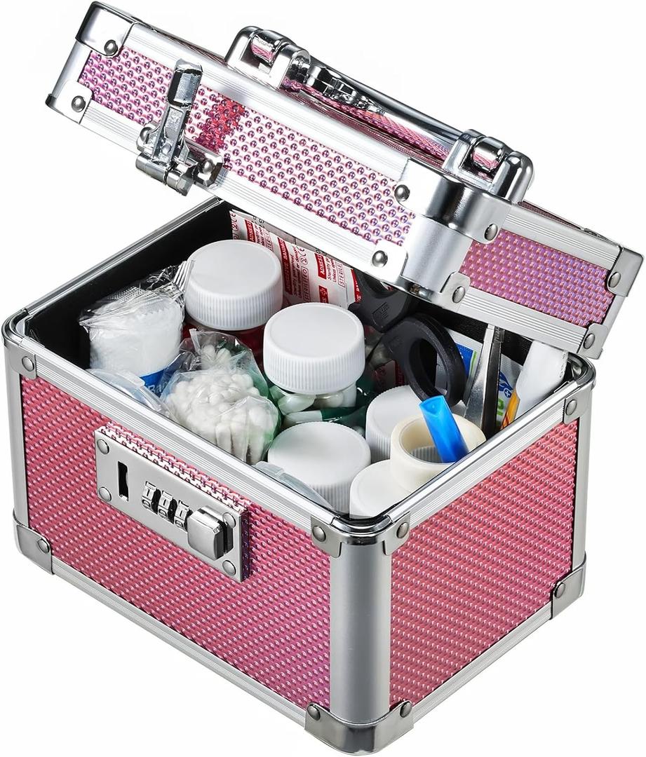 Adazzo Medicine Lock Box with 3Digit Combination Lock – Pink Lockable Storage Box for Medication, Small Lock Box for Valuables, 7" Locking Medicine Box, Lock Box for Home Travel Dorm