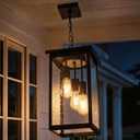 TODOLUZ 3-Lights Large Outdoor Pendant Light, Black Porch Ceiling Lighting Fixtures with Seeded Glass Panel, Exterior Hanging Lantern Adjustable Chain for Yard Entryway Patio, Seeded Glass, Black, 3-Light