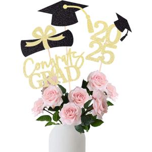 Graduation Decoration Class of 2025 Centerpieces for Table, 2025 Party Centerpieces Grad Cap Sticks Party Supplies, Graduation Party Decoration Toppeers (16 PCS, Gold & Black, Set of 4)