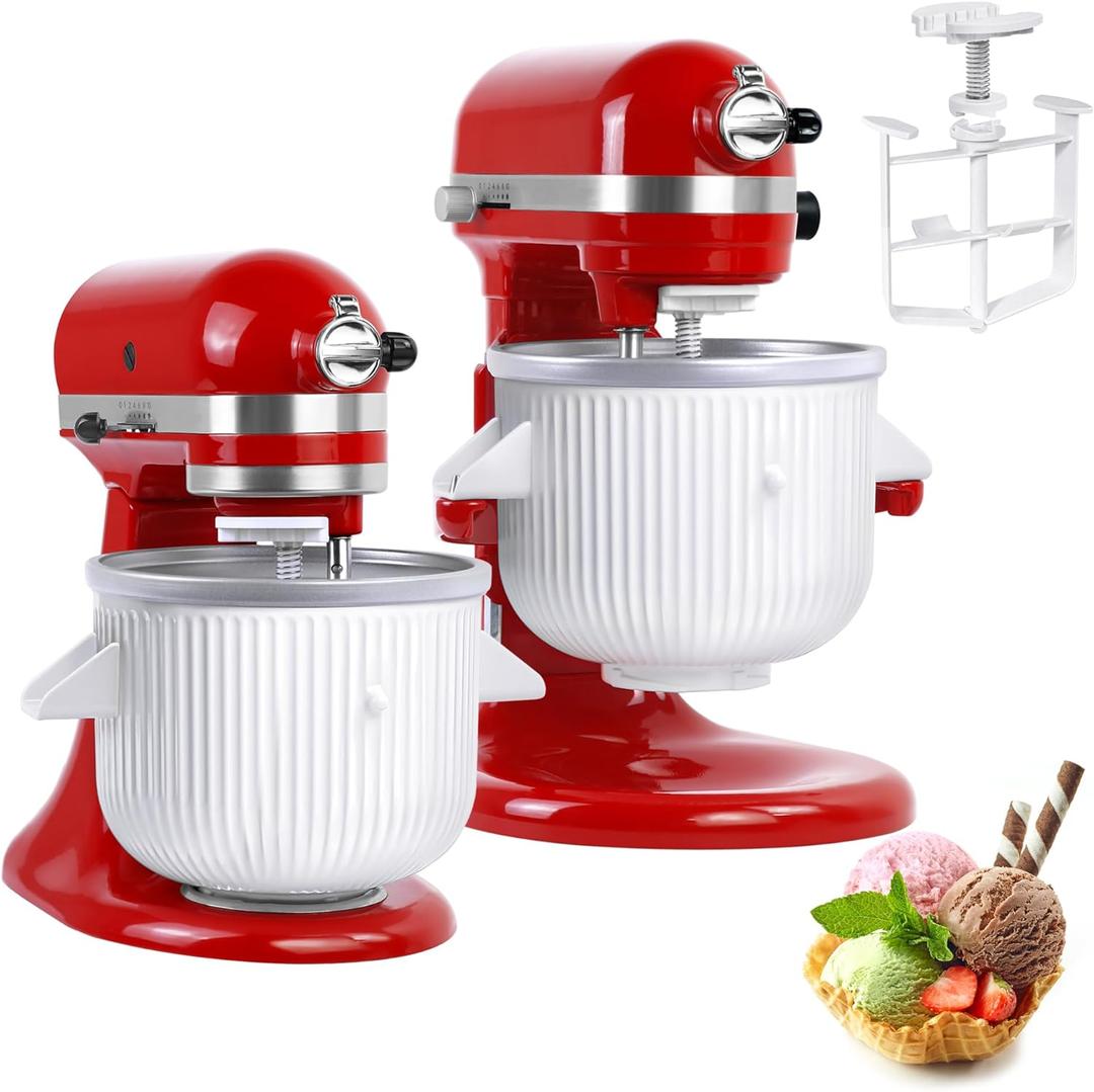 Ice Cream Maker Attachment for KitchenAid Mixers, Fits KitchenAid 4.5/5QT & 6QT Stand Mixers, Frozen Ice Cream & Sorbet Gelato Maker for KitchenAid, 2 Quart, White(Machine/Mixer Not Included)