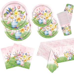 Floral Party Supplies Set, Pink and Green Theme, Includes Plates, Cups, Napkins and Tablecloth for Spring, Summer, Garden, Tea Party, Bridal Showers, Baby Showers, Serves 25